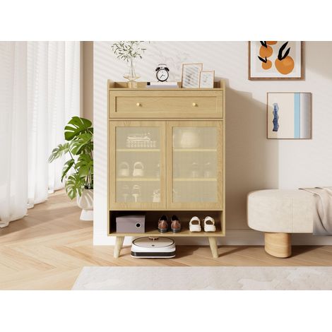 Scarpiera effetto rattan - 80 x 105 x 35 cm - Mobile d'ingresso salvaspazio con 2 ante e 1 cassetto - Mobiletto contenitore in legno - Rovere chiaro (1/5)