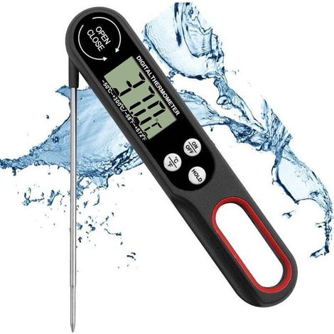 Thermomètre Viande Pliable Thermomètre Cuisine Numérique Thermomètre à viande avec Grande écran LCD et Sonde Pliable pour BBQ Cuisson Buf Viande Steak Lait Vin-Noir，15cm