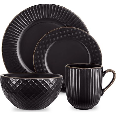 Tower T867002BLK Empire 16 Piece Dinnerware Set, Stoneware, Black and Brass (1/5)