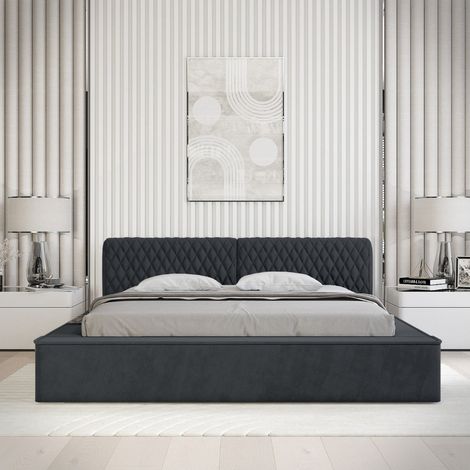Lit coffre VERNON – Stoff Chenille Bouclé Kohleblau – 180x200 cm – Lattenrost zum Anheben – Hochwertiges Design