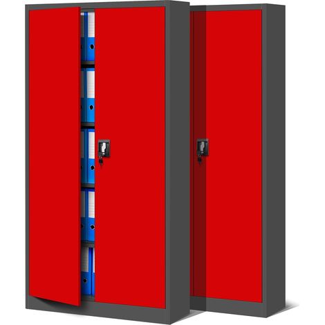 2er Set Aktenschrank C001 Metallschrank Stahlschrank Werkzeugschrank Büroschrank Lagerschrank Universalschrank Pulverbeschichtung Flügeltüren 185 cm x 90 cm x 40 cm (anthrazit/rot)