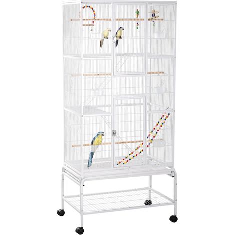 Gabbia per Uccelli in Acciaio e PP con Posatoi, Giochi, Contenitori per Cibo e Vassoio, 83x53x180 cm, Bianco