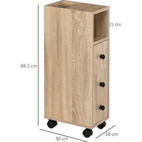 Meuble de salle de bain à quatre roulettes, étagères ouvertes, tiroirs et placards, en bois, 18x30x68,5 cm, couleur chêne. (1/5)