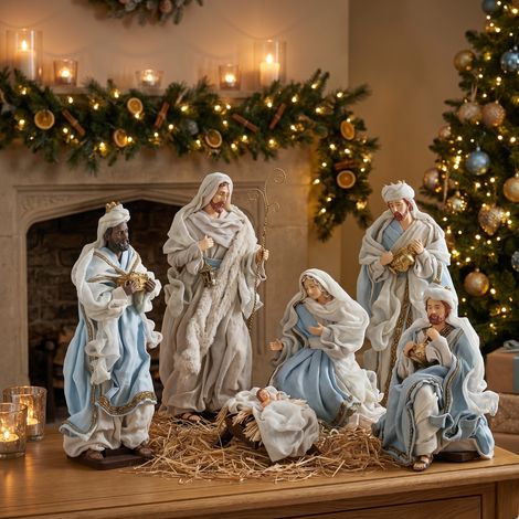 Natività completa con 6 soggetti statue per presepe vestiti in resina color azzurro h 33 cm (1/5)