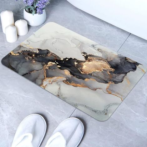 Alfombrilla de baño de mármol blanco y negro con detalles dorados, súper absorbente y ultrafina (4060 cm). (1/5)