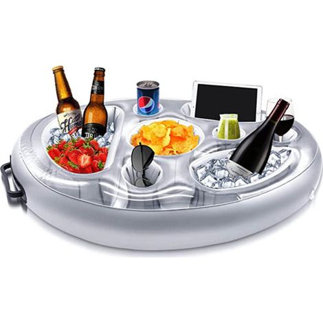 Plateau à boissons gonflable flottant – Grande capacité – pour piscines extérieures, plages, fêtes et spas (argent) (1/5)