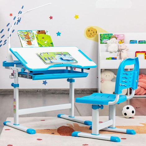 COSTWAY Kids Desk and Chair Set, Height Adjustable Student Study Table with Drawable & Tilted Desktop, Book Stand, LED Lamp and Pull-Out Drawer, for Writing, Reading and Drawing (Blue) (1/5)