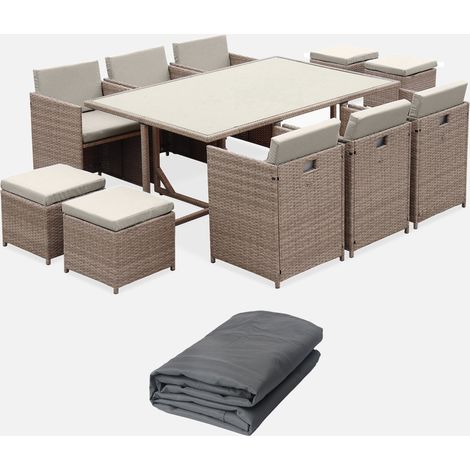 Mesa de jardín encastrable resina con 10 sillones + cobertor