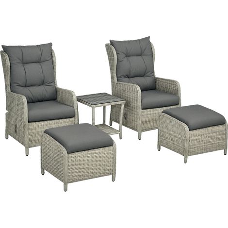 Outsunny 5 Pieces Rattan Bistro Set with Adjustable Back, Reclining Wicker Balcony Furniture with Cushions, Glass Top Coffee Table and Footstools, Outdoor Table and Chairs, Grey