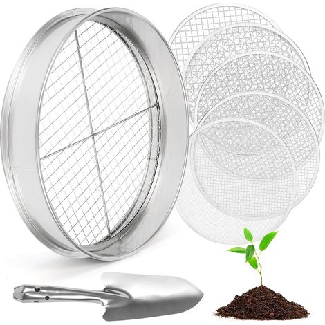 Tamis à terre compatible avec le jardinage, tamis à terre en acier inoxydable de 30 cm avec 5 tamis fins interchangeables, gants et pelle inclus, tamis à sable, 3 mm, 5 mm, 8 mm, 10 mm, 12 mm (Argent) (1/5)