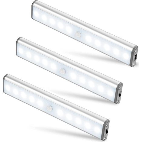 Lot de 3 Lampes 10 LED, Sans Fil, Rechargeable par USB, Aimanté, Détecteur de Mouvement, 2 Modes d’Éclairage, Portable. Lumière de Placard, Baladeuse de Secours, Veilleuse Enfant, (1/5)