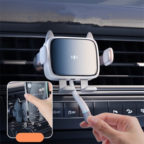 Chargeur de voiture sans fil 2 en 1 15 W avec support de téléphone portable et fixation automatique pour grille d'aération du tableau de bord (noir) (1/5)