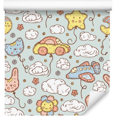 Papel pintado con coches, aviones, estrellas y nubes para salón y dormitorio, 50x1000 cm. (1/5)