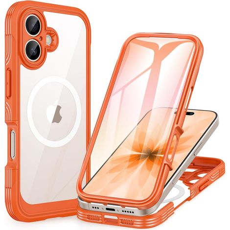 Magnétique Coque iPhone 17 [Compatible avec MagSafe] intégré 9H Verre Trempé Protection écran et Protection Caméra, 360° Antichoc Téléphone Housse Double Face Case Intégrale Etui - Orange (1/5)