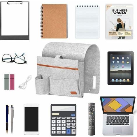 Organiseur de Canapé, 4 Poches mit Porte-Bouteille Sac de Rangement à Suspendre D'accoudoir, pour Bouteille, Magazines, Télécommande, Téléphone, Tablettes, et Livres - Gris Clair (1/4)