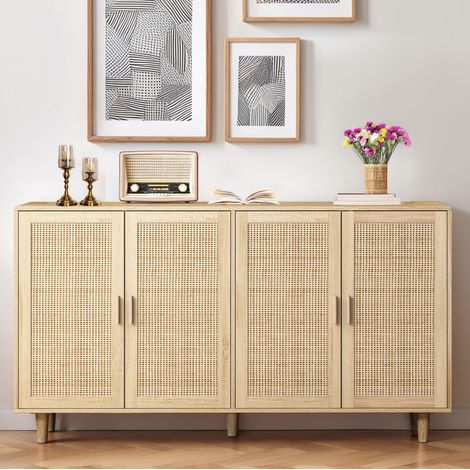 Armario de almacenaje 158x40x88 cm natural en tablero de partículas con puertas de ratán y estante ajustable (1/5)