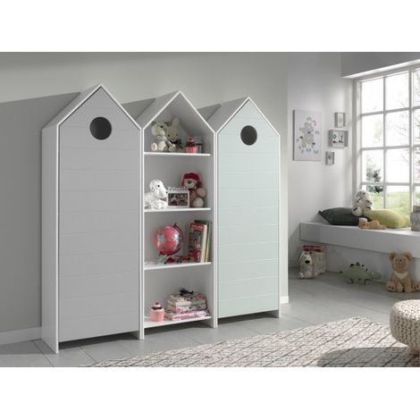 Ensemble 2 armoires enfant vert menthe & gris et 1 bibliothèque blanche bois laqué Camila