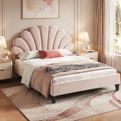 Cama doble 140x200 cm con cabecero floral beige, estructura de madera, sin colchón FloraGrace (1/5)