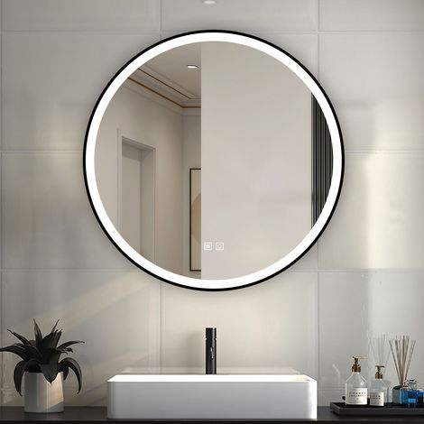 Round Bathroom LED Mirrors with Black Framed, Bathroom Mirror with 3 Colors Lights, Dimmable & Demister, Brightness Memory Function / Wall Switch / Touch Switch 700mm