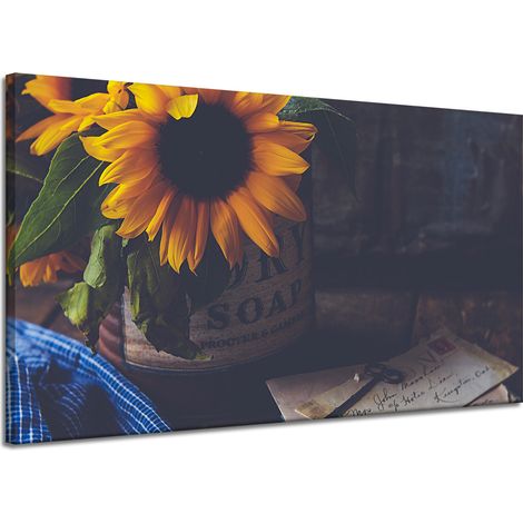 Lienzo impreso con flores de girasol estilo vintage, 120x70 cm.