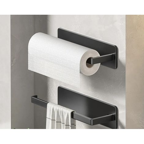 Lot de 2 porte-rouleaux de cuisine noir, adhésif sans perçage, support pratique sous meuble pour rangement mural et organisation. (1/5)