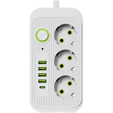 Verlängerungskabel mit europäischem Standardstecker, 3 AC-Steckdosen, 4 USB-Anschlüssen (1 Typ-C-Anschluss), Hochgeschwindigkeits-Netzfilter und Schnellladeadapter.