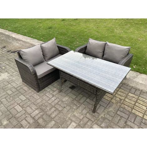 Fimous Dark Grey PE Wicker Rattan Garden Furniture Set Love Sofa 2 Seater Sofa Set Outdoor Rectangular Dining Table 4 Seater (1/3)