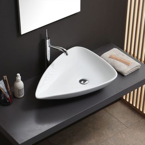 Kiamami Valentina – Vasque à poser ovale en céramique blanche – Largeur 65 cm – Hauteur 12 cm – Profondeur 47 cm – Design moderne pour salle de bain (1/5)