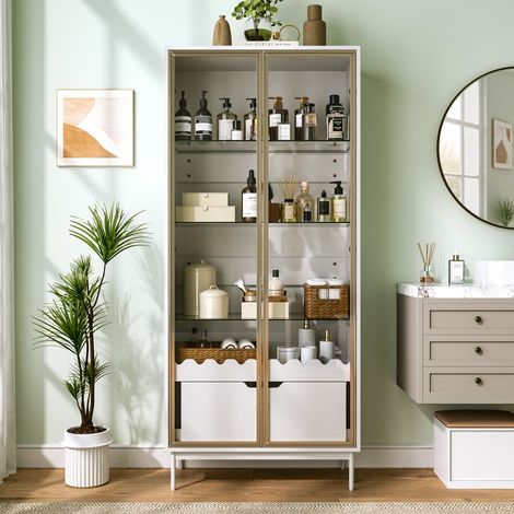 Vitrine haute 75x35x170,8 cm porte vitrée, étagères ajustables tiroir pieds métal, mobilier salon chambre et couloir, blanc (1/5)