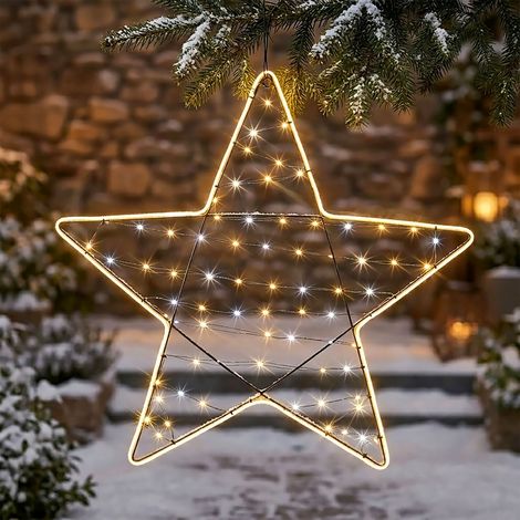 Metall Leuchtstern 80 LEDs mit Timer und Netzteil für Außen - 62 cm - Weihnachtsstern beleuchtet im warm & kalt weiß Mix mit LED Band