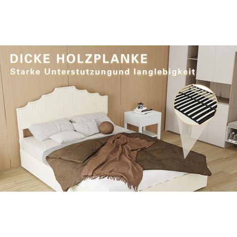 Lit coffre 140x200 cm tissu beige, tête de lit, rangement gain de place, sans matelas – MEUBLIV (1/5)
