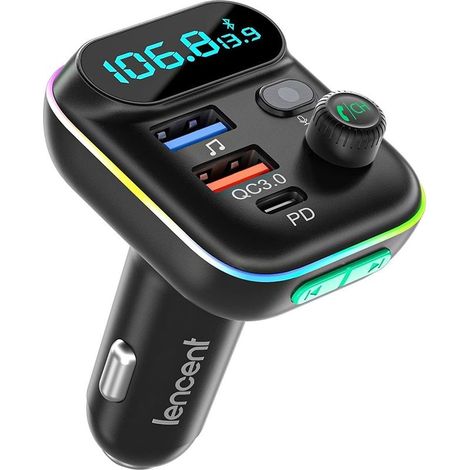 Bluetooth FM Transmitter Car, Cigarette Lighter Bluetooth 5.0 Radio Transmitter, PD Type C+ QC3.0 Fast Car Charger, Hands-Free Calling, Bass MP3 Music Player Support U Disk (1/5)