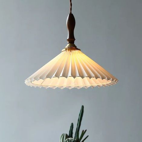 Lustre de Restaurant rétro Style moderne barre en bois massif tissu plissé suspension à tête unique 3500K (30x25cm) (1/5)