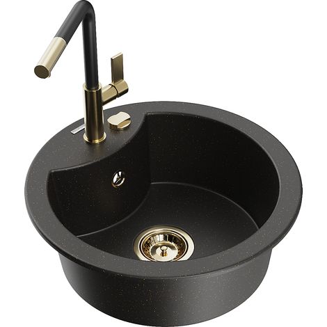 Mexen Diego Granitspüle 1-beckig mit Küchenarmatur Flora, schwarz/goldener Metallic - 6512-75-670401-57-G (1/5)