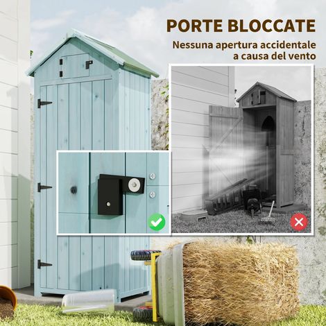 Coffre de rangement extérieur en bois bleu, 3 tablettes, 77x54.2x179cm, idéal pour organiser outils de jardin.