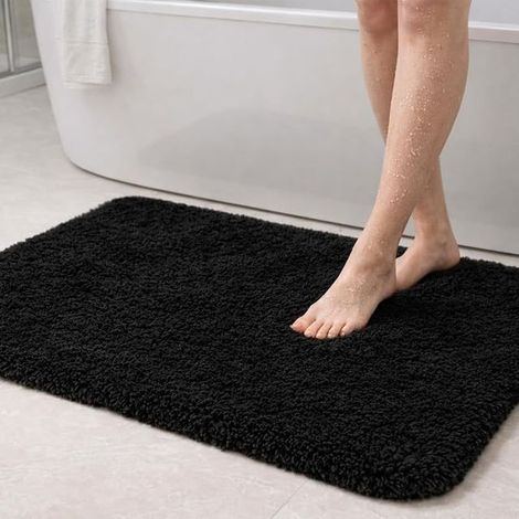 Saugfähige Mikrofaser-Badematte mit weichen Borsten und thermoplastischer Gummirückseite – maschinenwaschbar – für Dusche, Badewanne, WC und Gästebad – Schwarz, 90 x (1/3)