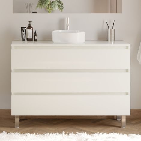 Meuble de salle de bain 120cm avec plateau et vasque à poser ronde - 3 tiroirs - sans miroir - blanc brillant - MAYOR (1/5)