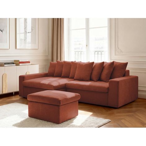 BOBOCHIC - Canapé d'angle fixe ENORE tissu lisse avec pouf Angle gauche Rouge (1/5)