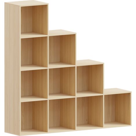 Durham 10 Cube Bookcase Staircase Shelf Wooden Display Storage Rack Free Standing Shelf Unit, Oak-5-White-Baskets