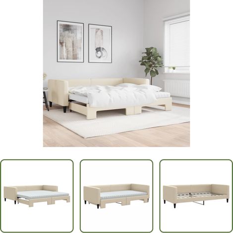 vidaXL Lit gigogne - Lit de jour avec gigogne et matelas crème 100x200 cm tissu (1/5)