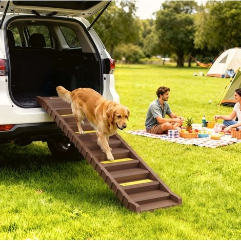 Rampa pieghevole per cani per auto, 10 gradini, 154 x 40 cm, fino a 25 kg, marrone DESVIAE (1/5)