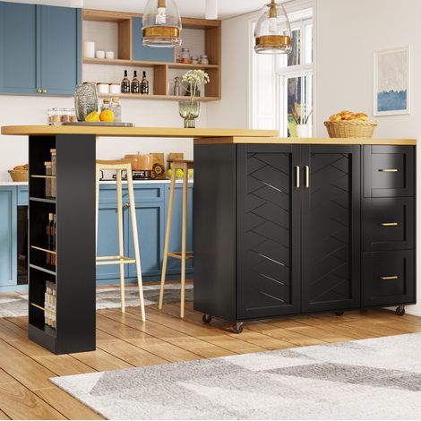 Barwagen extensible noir avec 2 portes, 3 tiroirs et plateau effet bois, 135-228 x 39 x 104 cm (1/5)
