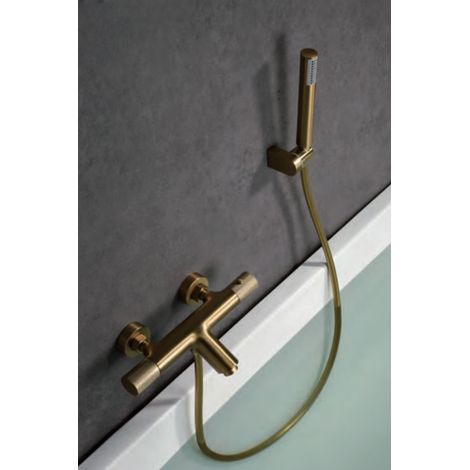 IMEX Miscelatore vasca-doccia termostatico in ottone e zama finitura PVD oro spazzolato cartuccia termostatica TURN CLEAN SYSTEM tubo flessibile PVC maniglia doccia ABS modello Imex-BTD038-4OC (1/3)