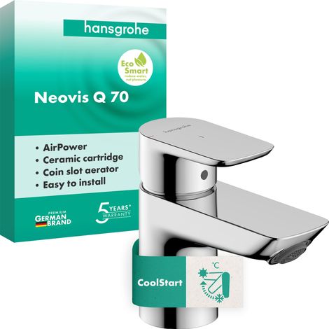 Mitigeur de lavabo sans vidage, économie d'énergie, robinet de salle de bain avec bec hauteur 63 mm, mitigeur lavabo économe en eau, chrome, 71351000 (1/5)