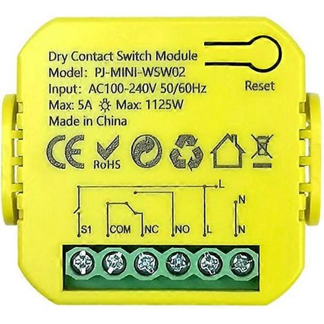 Module relais à contact sec Tuya Smart Life avec WiFi, minuterie et télécommande via application, 5 A, 12 V CC / 24 V CA, 100-240 V CA. (1/5)