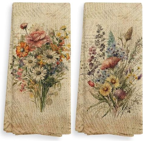 Vintage Floral Kitchen Tea Towels and Dish Towels, Decorative Vintage Tea Towels, Decorative Napkins Flowers Bouquet, Retro Tea Towel