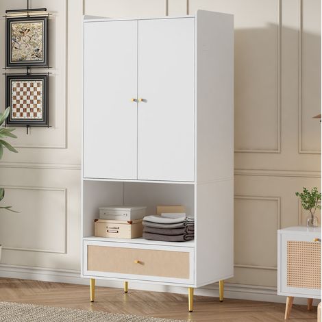 Armario 2 puertas 80x48x175 cm con barra para colgar, estante y cajón, en tablero de partículas, color blanco y natural (1/5)