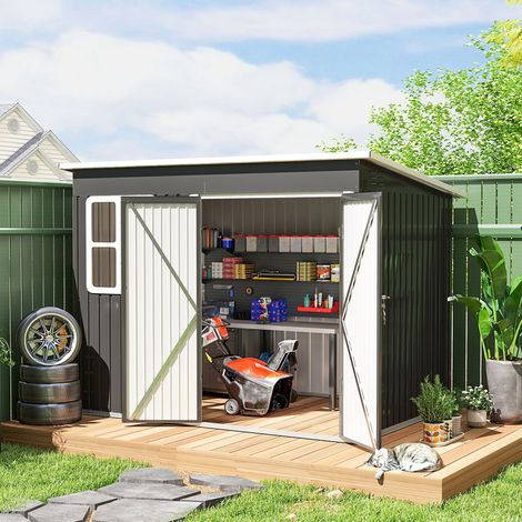 Casetta in metallo per riporre attrezzi da giardino, con finestra, porta larga, 260 x 177 x 190 cm, grigio scuro