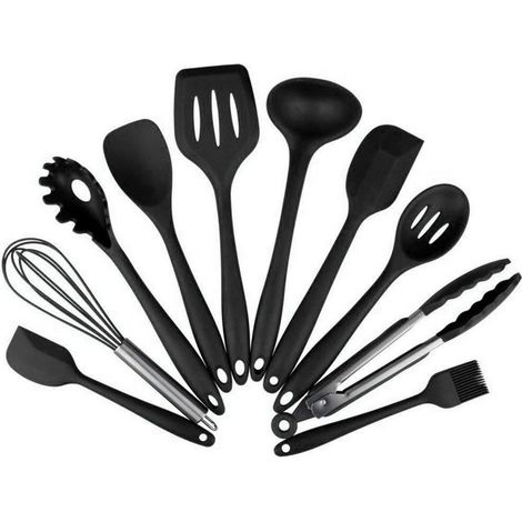 10-teiliges Silikon Küchenhelfer Set, BPA-frei, Hitzebeständig bis 230°C, Schwarz