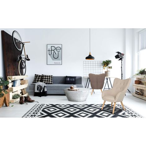 Fauteuil Scandinave en Tissu Beige – Fauteuil à Haut Dossier Capitonné avec Pieds en Bois Naturel – L67 x P75 x H100 cm pour Salon, Chambre (1/5)